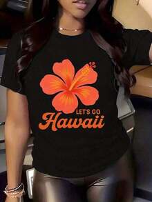 Modern Minimalist Women's T-Shirt, Round Neck, Hibiscus Flower Print "Let's Go Hawaii", Short Sleeve, Casual, For Beach Vacation. - 黑色 - 查看 9