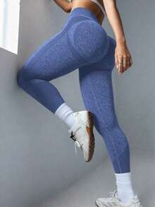 sin costuras de cintura alta de unicolor para uso diario, fitness y yoga para mujeres - Azul 3 - Ver 8