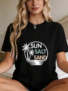 Women's Sun, Salt, And Beach Print T-Shirt - The Perfect Choice For Family Vacations And Summer Fun - Lightweight 180g T-Shirt, Suitable For Beach Outings, Fitness Workouts, And Everyday Casual Wear - An Ideal Gift For Her -  Summer Style For Women. QV4K - 黑色 - 查看 6