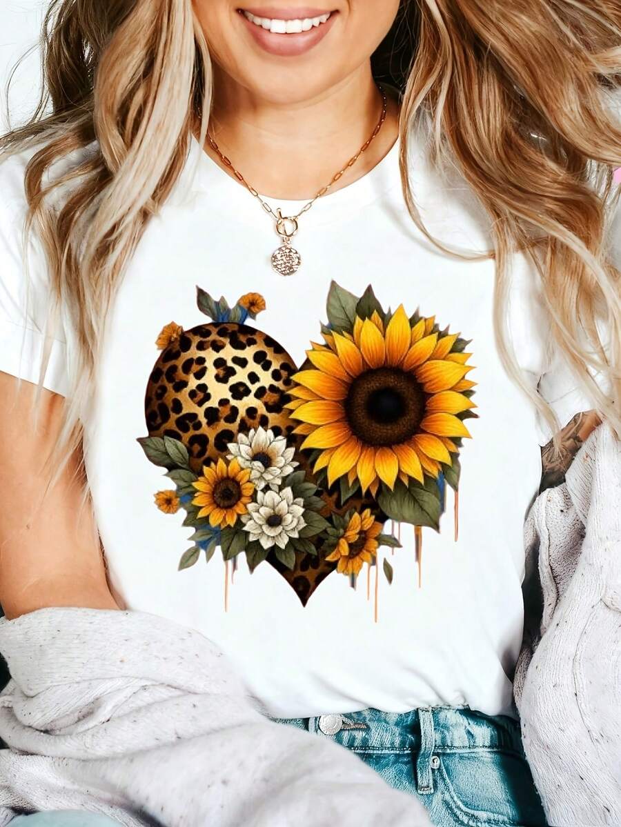 Sunflower Leopard Heart Graphic T-Shirt, 100% Cotton Oversized Soft Breathable Casual Crewneck Short Sleeve Top, Summer Vibes Aesthetic Tee For Women & Nature Lovers - 白色 - 查看 1