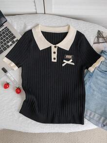 女士米白色和黑色 Polo 衫 - 时尚优雅休闲甜美修身短袖上衣，饰有蝴蝶结标志，适合春夏日常穿着 - 黑色 - 查看 8