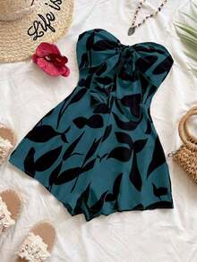 Women's Summer Jumpsuit With A Watercolor Silhouette Print, Suitable For Vacations, Cruises, Carnivals, And Resorts. Features A Front Knot And Open Back, A Loose Fit, And Is Perfect For Parties, Dates, Valentine's Day, And Layering. - 藍色的 - 查看 3