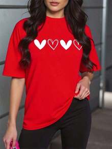 Playera Para Mujer Camiseta GráFica De Mujer De Manga Corta Con Cuello Redondo, De Moda Con Estampado De CorazóN, Para Uso Diario Casual - Rojo - Ver 4