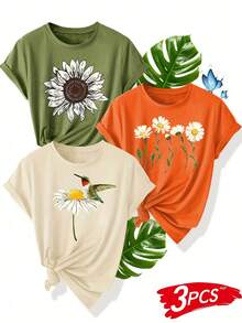 Women's T-Shirts, Women's T-Shirts, Women's One-Piece T-Shirt With Floral And Bird Print - Casual Retro Style, Short Sleeve, Round Neck, Machine Washable - Summer Sports T-Shirt In Green, Orange And Beige Colors. - 1件黑色隨機圖案 - 查看 5
