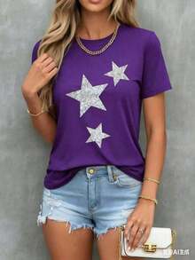 Camiseta Casual de Mujer con Estampado de Estrellas Brillantes, Manga Corta de Verano, para Uso Diario, Ajuste Holgado y Cómodo, Camisetas de Moda - Azul - Ver 6