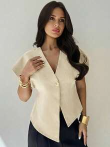 Blusa casual de manga murciélago asimétrica de unicolor mostaza, elegante, simple, estilosa y minimalista, versátil para el uso diario y el transporte, de alta gama, minimalista y desconstructiva, con manga de murciélago oversize y cuello en V de - Amarillo claro - Ver 5
