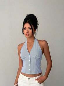 delgado de mujer de algodón con rayas, cuello alto y abotonadura sencilla, para otoño/invierno - Azul y blanco - Ver 5