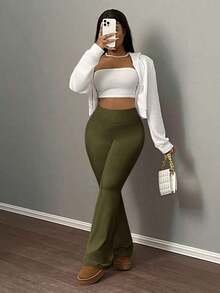 Pantalones de Yoga Ajustados y Elásticos de Cintura Alta para Mujer, Pantalones Deportivos Acampanados para Mujer - Verde militar - Ver 4
