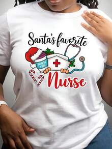 Nurse Hats And Christmas" Christmas, Women's Clothing, Casual Loose Short Sleeve T-Shirts, Summer Tops, Fashion Printed T-Shirts, Casual Round Neck Short Sleeve T-Shirts - 白色 - 查看 1