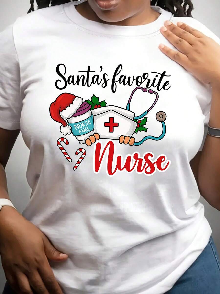 Nurse Hats And Christmas" Christmas, Women's Clothing, Casual Loose Short Sleeve T-Shirts, Summer Tops, Fashion Printed T-Shirts, Casual Round Neck Short Sleeve T-Shirts - 白色 - 查看 1