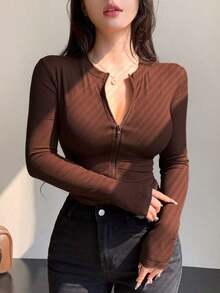 Chaqueta corta casual de verano de unicolor, de cuello redondo, de manga larga y con abertura frontal, ajustada para mujer - Marrón 7 - Ver 9