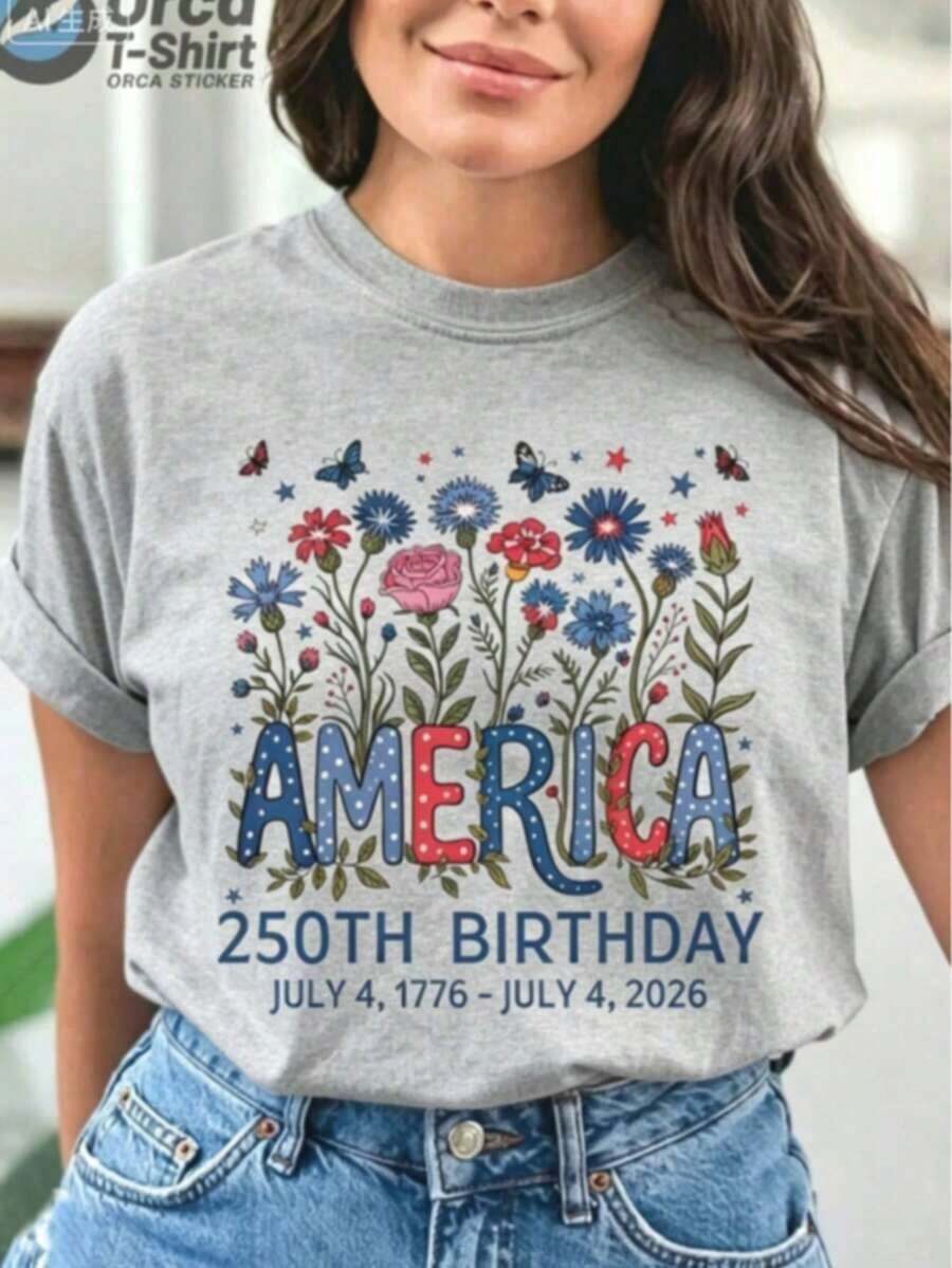 Graphic Tees USA 250th Anniversary Floral Design T-Shirt - Colorful Pattern Tee Featuring Blue, Red, And White Lettering Combined With Butterflies And Flowers - Comfortable Casual Crew Neck Tee, Plus Size - Ideal Gift For Independence Day, National Holidays, And Summer Gatherings - 100% Breathable Cotton For Summer - 灰色 - 查看 1