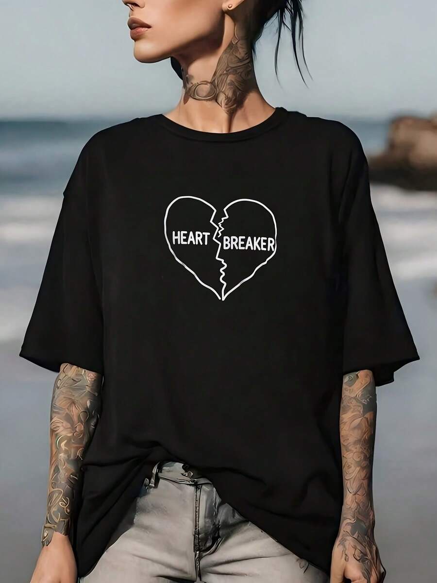 Camiseta con Estampado Heartbreaker de 180G - Perfecta para Reuniones Familiares del 4 de Julio y Regalos Casuales - Negro - Ver 1