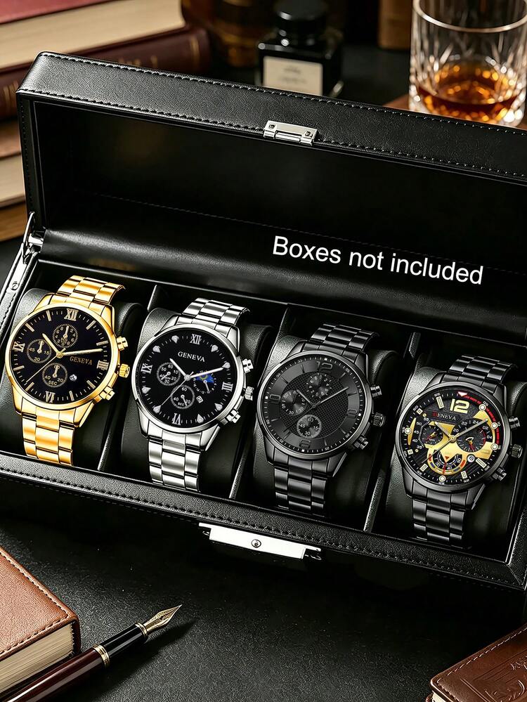 4pcs/Set Luxury New Men's Watch With Calendar, Alloy Strap Round