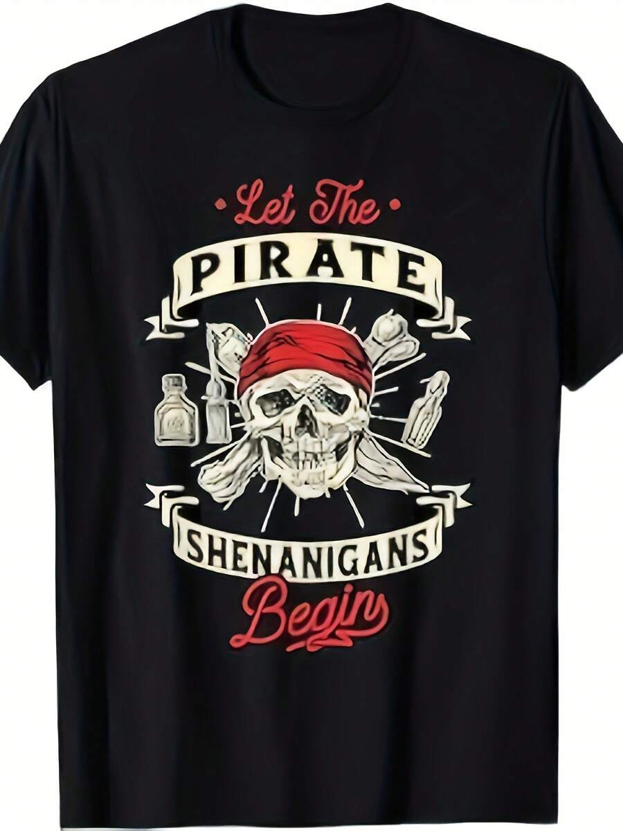 1 Piece, The Pirate Joke Begins - Skull Print T-Shirt, Comfortable Version - Breathable, Soft, With Classic Design, Casual Short Sleeve T-Shirt For Everyday Summer Wear, A Must-Have For All Seasons - 黑色 - 查看 1