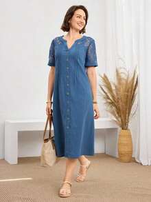 Vestido casual diario de encaje y parches para mujer, primavera y verano - Azul - Ver 3