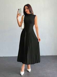 Vestido ajustado de línea A con pliegues elegante para mujer - Negro - Ver 4