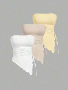 Top bustier de múltiples piezas con cintura anudada a los lados y fruncido, top tubo sólido retro, top de otoño, top para salir, primavera/verano, top de fiesta, playa, casual, vacaciones, disfraz de carnaval - Multicolor 10 - Ver 1