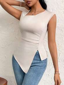 Camiseta de corte ajustado con mangas de obispo de unicolor elegante y simple para uso diario, vacaciones, fiestas y exteriores para mujeres - Albaricoque - Ver 3