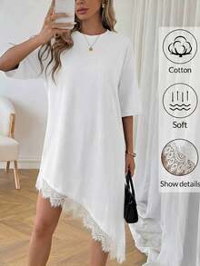 Vestido de talla media de manga corta con bajo asimétrico, de uso diario, de vacaciones y casual, de unicolor con parches de encaje, de moda básica para mujeres - Blanco - Ver 5