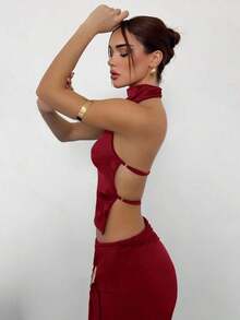 Top de satén sin espalda con cuello alto para mujer, ideal para fiestas - Burdeos - Ver 4
