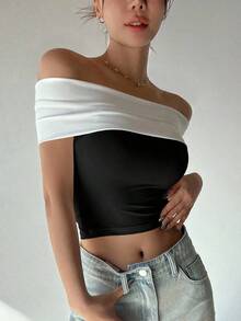 Blusa/Camiseta ajustada de hombros descubiertos con estampado de lunares para mujer - Negro 2 - Ver 3