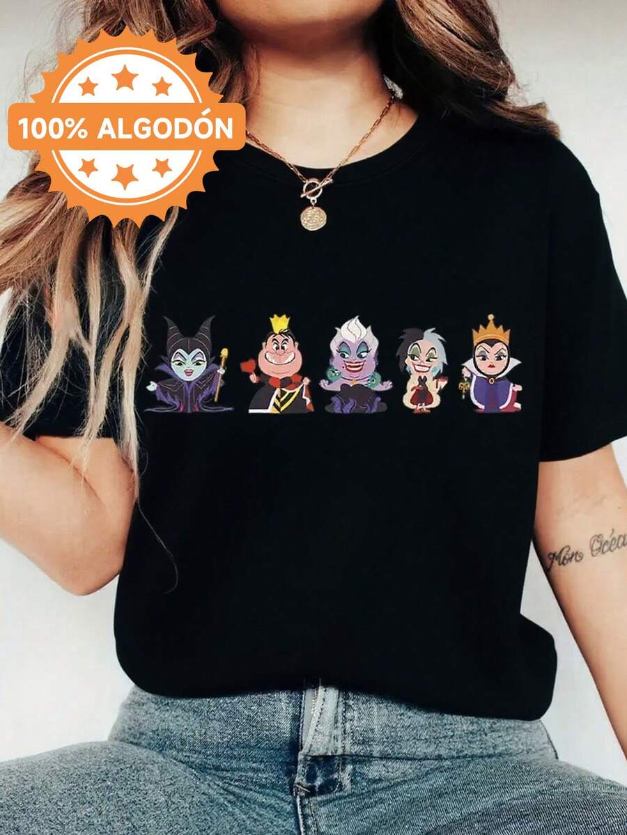 Loose-Fitting Cotton T-Shirt With Round Neck And Print For Plus Size Women, Women's T-Shirt With Devil Queen Design - New 2025 Model, 100%, Sizes S-XXXL, Family Pack, Themed T-Shirt, Casual Shirts, Casual Top For Women. - 黑色 - 查看 1