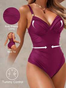 Traje de baño de una pieza con control de abdomen y acolchado, elegante y maduro, para mujer, color negro - Burdeos - Ver 8