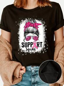 Camiseta de Mujer con Estampado de Guerrero Rosa, Manga Corta y Cuello Redondo, Top Casual para Verano y Primavera, Concienciación sobre el Cáncer de Mama, Camisetas para Damas - Negro - Ver 2