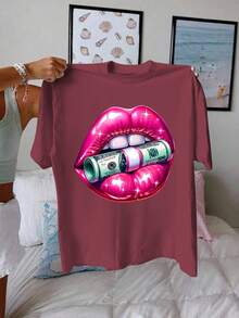 Talla grande, camiseta de mujer tipo  con estampado de labios, estilo europeo y americano, moda de talla grande, cuello redondo y manga corta - Burdeos - Ver 1