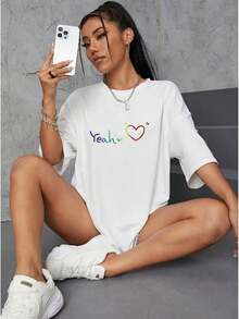 Nueva camiseta con estampado de corazón YEA para mujer, corte holgado - Blanco - Ver 6