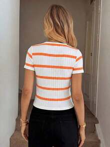 Camiseta de mujer de cuello redondo, ajustada, con textura acanalada, casual, elegante, cómoda para vacaciones y uso diario - Naranja - Ver 2