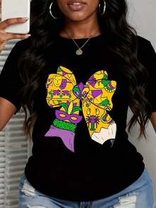1 Piece Women's Mardi Gras Teacher Krewe Bow T-Shirt, White With Purple, Green And Gold Graphic Design For Carnival Festival Celebration, 180g, 100% Cotton. - 黑色 - 查看 3