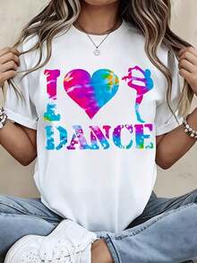 1 Piece Women's Round Neck T-Shirt With "I Love Dance" Print And Tie-Dye Effect, Short Sleeve, Casual Dance Practice Clothing, 180g, 100% Cotton. - 白色 - 查看 12