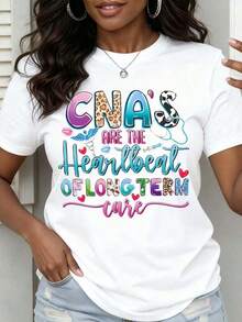 1 Piece Of Women's Round Neck T-Shirt With Printed Design "Cna S Are The Heartbeat Of Long Term Care", Soft, Comfortable And Breathable Fabric, Versatile For All Seasons, Practical, Convenient, Fashionable Women's Clothing, Elegant And Soft Texture, Suitable For Casual And Sports Wear, Essential Clothing For Vacation, 180g 100% Cotton. - 白色 - 查看 6