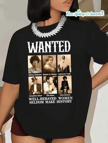 Camiseta con estampado de retratos y cartas inspiradas en la historia de la mujer empoderada - Cuello redondo suave, mangas cortas, corte holgado - Camiseta casual lavable a máquina, adecuada para primavera y verano, con mensajes históricos inspiradores. Perfecta para atuendos diarios y regalos, camiseta de circo, ideal para vacaciones y tiempo de juego, excelente para fiestas y vacaciones familiares, atuendo de fiesta, atuendo de verano, ropa para climas cálidos. - Negro - Ver 1