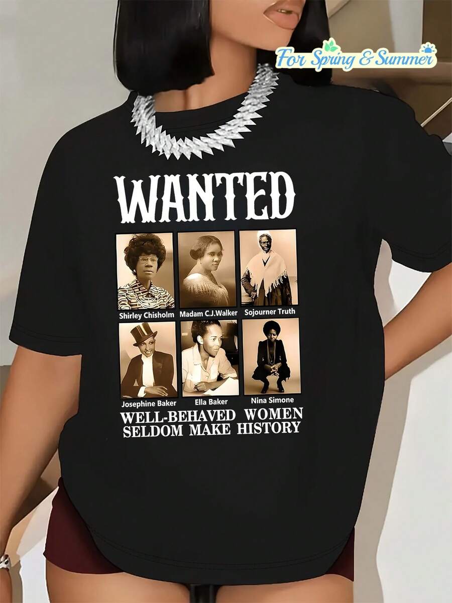 Camiseta con estampado de retratos y cartas inspiradas en la historia de la mujer empoderada - Cuello redondo suave, mangas cortas, corte holgado - Camiseta casual lavable a máquina, adecuada para primavera y verano, con mensajes históricos inspiradores. Perfecta para atuendos diarios y regalos, camiseta de circo, ideal para vacaciones y tiempo de juego, excelente para fiestas y vacaciones familiares, atuendo de fiesta, atuendo de verano, ropa para climas cálidos. - Negro - Ver 1