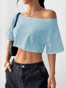 Top corto asimétrico de mujer con cuello blanco y flecos, camiseta de manga corta de moda versátil Y2K oversize y sexy, para primavera/verano - Azul - Ver 3