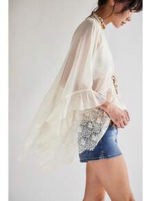 New Women's Mesh Cover-Up Top With Bat Sleeves, Loose-Fitting Beach Sun Protection Shirt With Lace Inserts - White - View 3