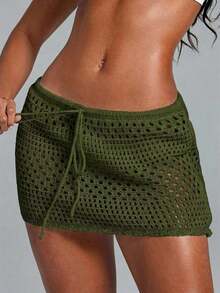 Swim Lushoire Falda pareo con dobladillo ondulado para la playa, con patrón geométrico perforado y floral - Verde militar - Ver 3