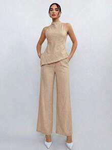 Conjunto de 2 piezas de top de cuello halter y pantalones en color café para mujer, estilo de uso diario - Caqui - Ver 5