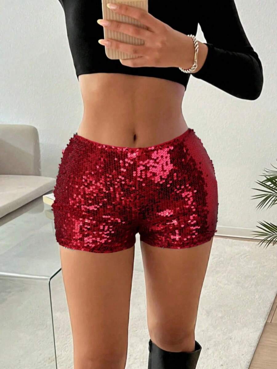 Shorts de Lentejuelas Plateadas para Mujer, Cintura Alta, Brillantes, Ajustados, Mini Shorts para Festivales y Fiestas - Rojo - Ver 1