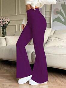 Pantalones acampanados de cintura alta elástica, pantalones de yoga deportivos, leggings ajustados de compresión, pantalones para correr y fitness, pantalones de ropa deportiva para mujer, transpirables y de secado rápido, para primavera/verano - Púrpura malva - Ver 6
