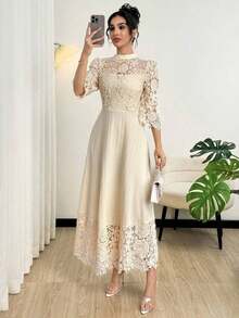 Vestido largo de manga larga con parches de bordado de ojal amarillo para mujeres - Albaricoque - Ver 5