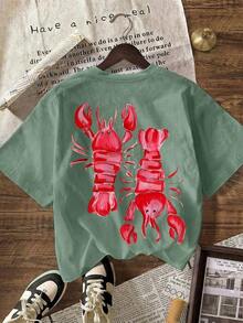 Women's Short-Sleeved T-Shirt With Round Neck, Casual Style, Pink Color Y2K Lobster Summer Beach Club. - 綠色 - 查看 2