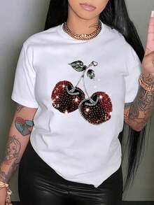 Cherry, Strawberry, Lemon 1 Glitter Casual Sweet Party Elegant None Beach Holiday Sporty Office Home Comfortable Cherry Print Crew Neck T-Shirt, With Party And Holiday Atmosphere, Black Blouses For Women, For Spring/Summer - 白色的 - 查看 1