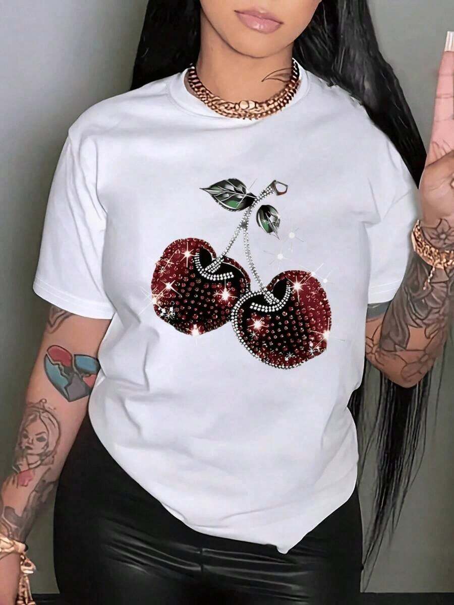 Cherry, Strawberry, Lemon 1 Glitter Casual Sweet Party Elegant None Beach Holiday Sporty Office Home Comfortable Cherry Print Crew Neck T-Shirt, With Party And Holiday Atmosphere, Black Blouses For Women, For Spring/Summer - 白色的 - 查看 1