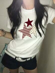 Summer Cheer From Japan! White On White Star Print Cotton T-Shirt, Women's Short Sleeve Crew Neck Cotton T-Shirt, Casual Japanese Feminine Style. - 白2 - 查看 2