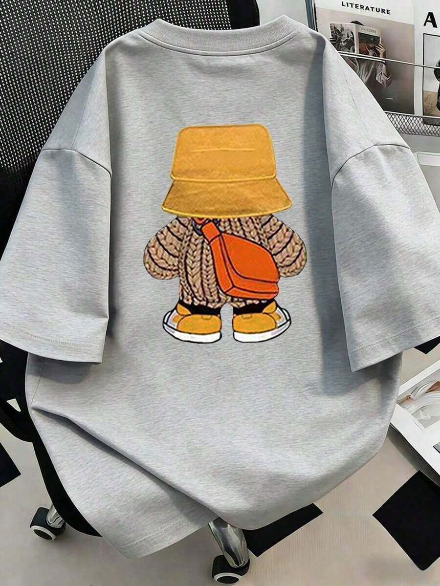 Crew Neck T-Shirt With Bear Print, Plus Size Women's Urban Fashion Item, Suitable For New Year's, Daily Wear, Outings, Beach, Parties, School, Vacation, Travel. Summer Vacation Outfit, Beach Vacation Outfit, Spring Outfit, Mother's Day Gift; Graduation - 灰色的 - 查看 1