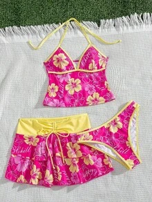 Conjunto de 3 piezas de mujer para primavera/verano: falda/túnica con estampado floral, bloque de color, lazo y volantes para festivales de música en la playa - Multicolor 3 - Ver 11